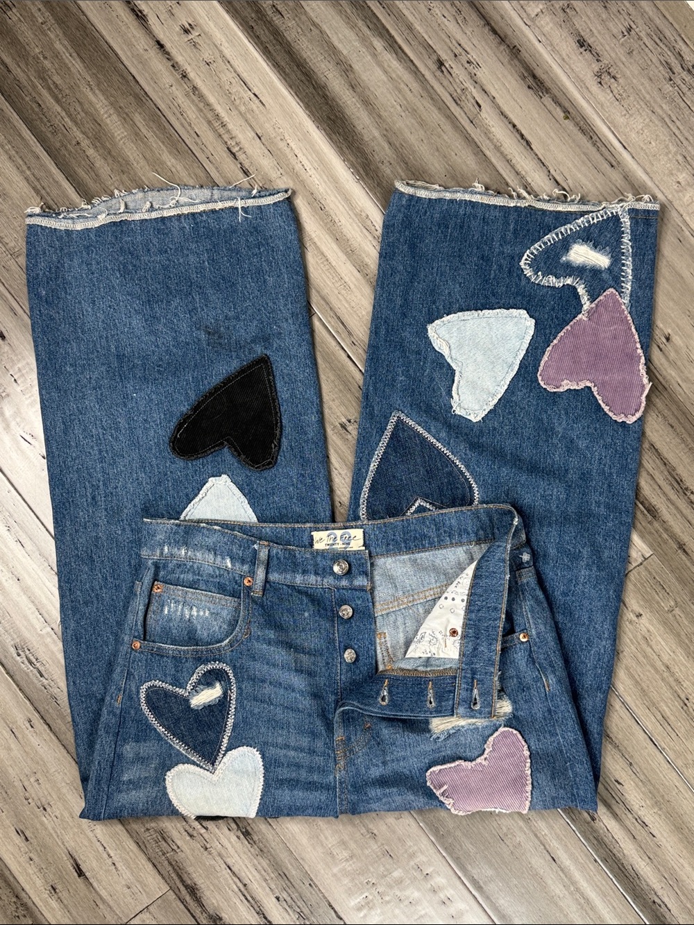 FREE PEOPLE WE THE FREE PIECE OF MY HEART PATCHWORK DISTRESSED WIDE LEG JEANS - Picture 4 of 14